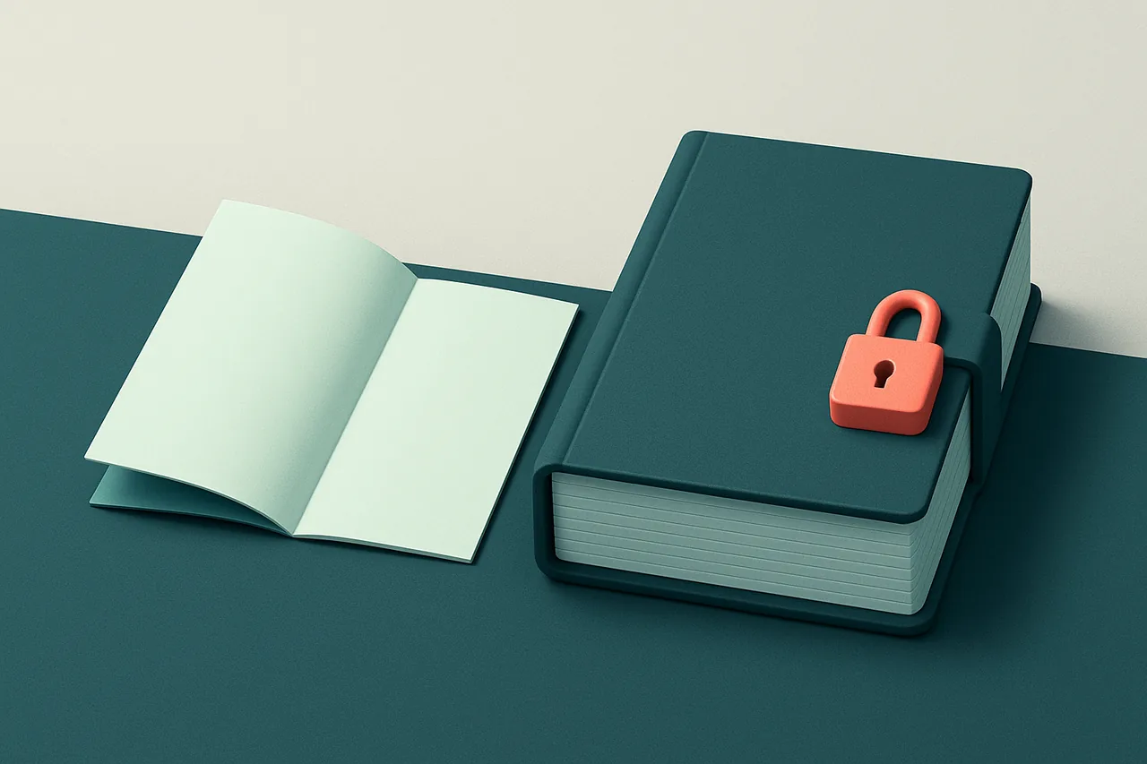 A thin open sheet beside a thick report closed with a padlock, illustrating free people search results versus paid reports