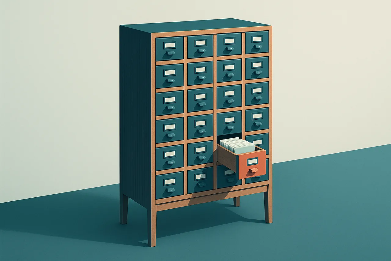 Library card catalog with one open drawer of index cards, representing an overview of the FreePeopleSearch.com people finder