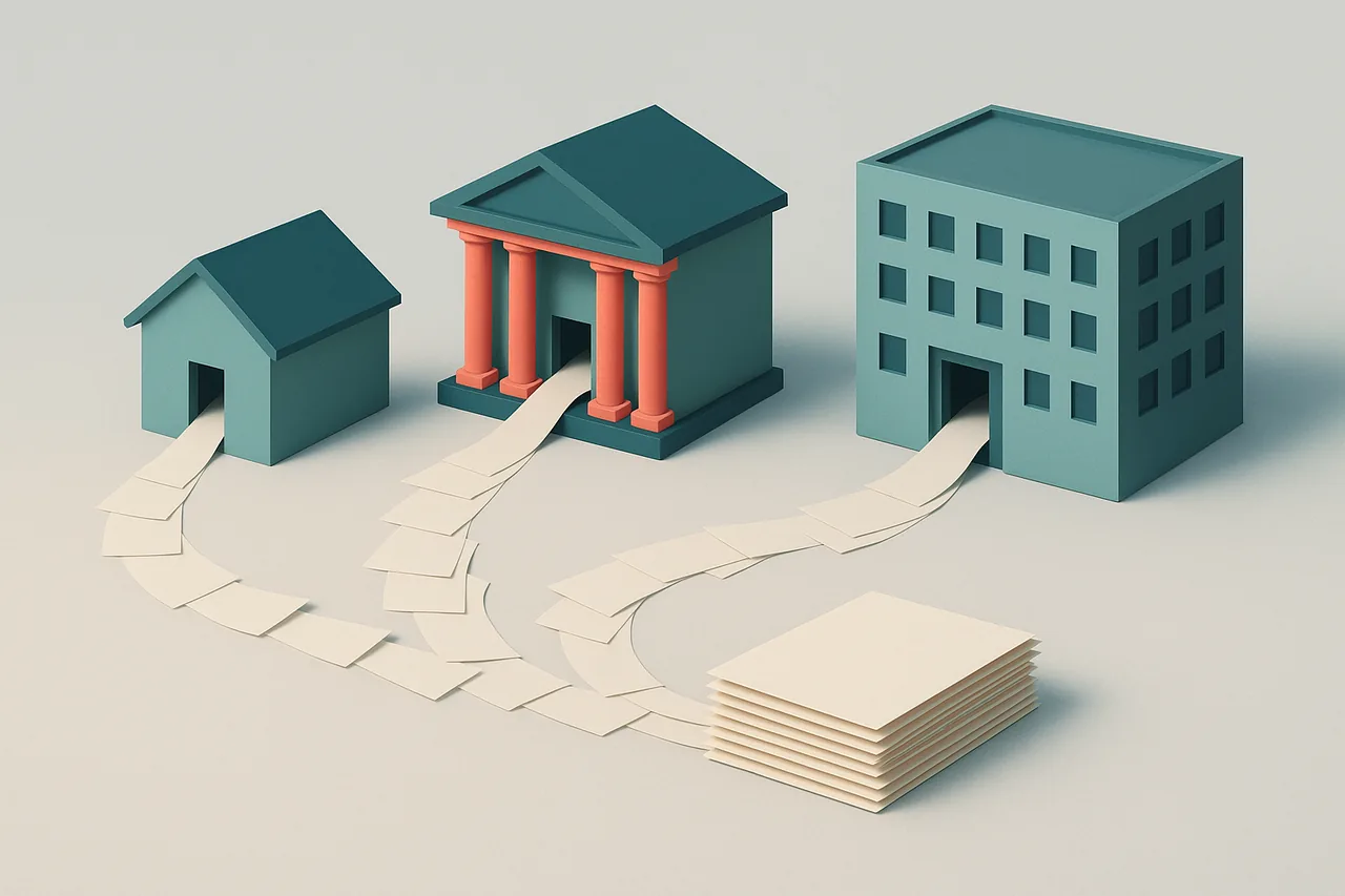 Three government buildings sending paper records into one stack, illustrating the county, state and federal sources behind people search data